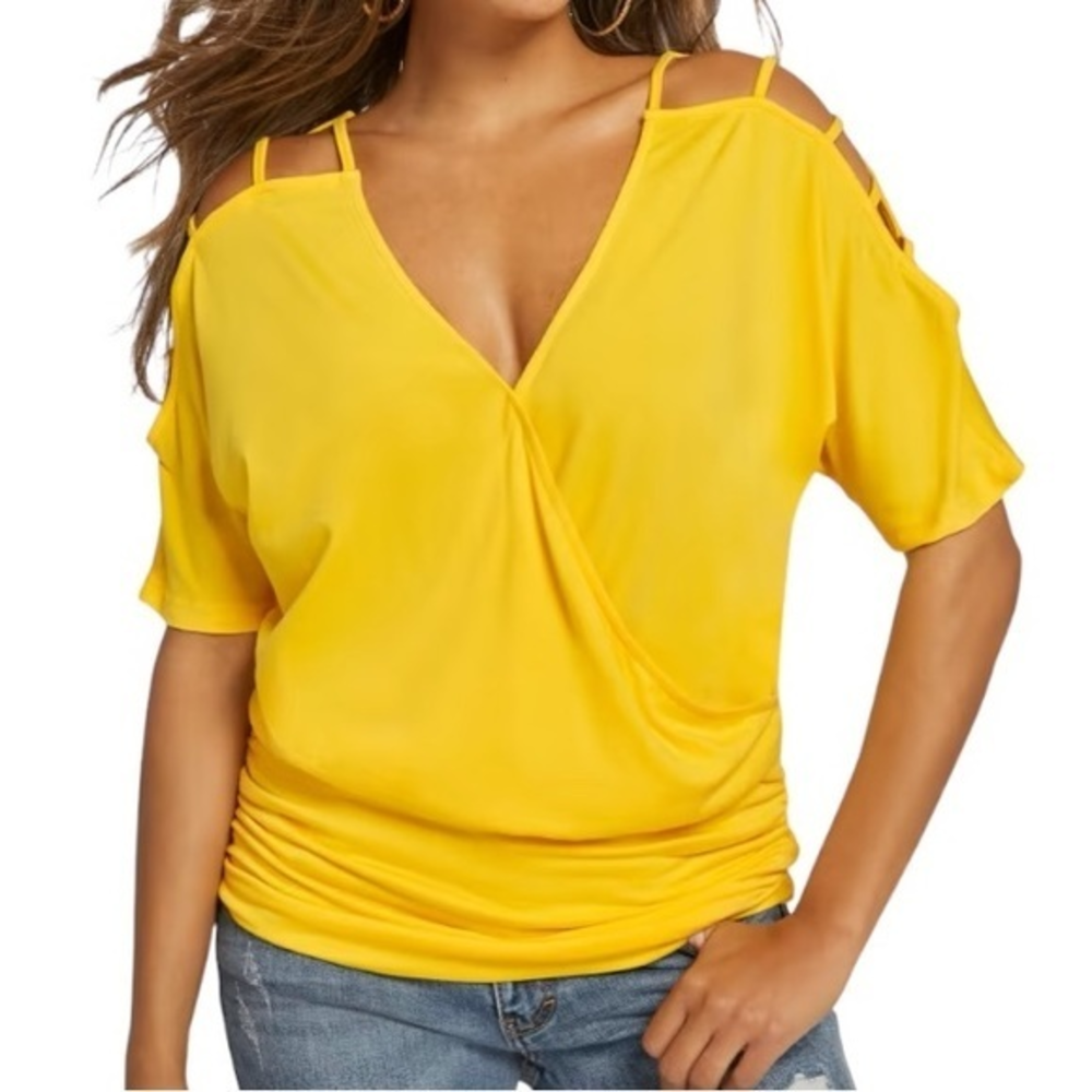 NY‎ & Company Lattice-Sleeve Banded Top Yellow women’s Size Small